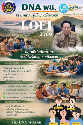 “ปี 2569 จังหวัดเลยเดินหน้าโครงการ Let’s Go Loei Plus พัฒนา DNA พช. พัฒนาคนรุ่นใหม่ สำนึกรักบ้านเกิด เสริมพลังความคิด ทักษะ  เพื่อสร้างผู้นำการพัฒนาที่พร้อมขับเคลื่อนชุมชนสู่ความเข้มแข็งและยั่งยืน”